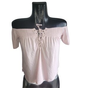American Eagle Pink Off-Shoulder Lace-Up Crop Short Sleeve Top XS